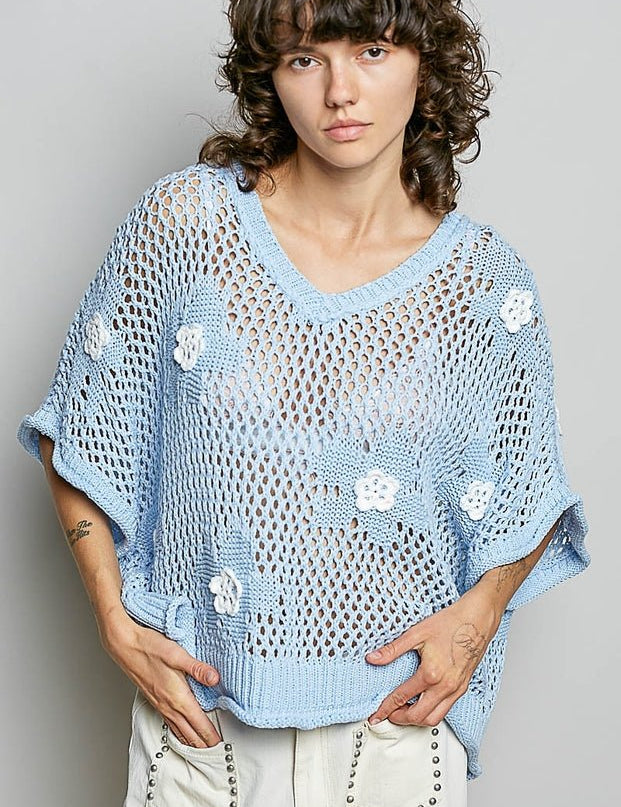 Rosie Floral Patch Rolling Edge Crochet Sweater - Westly