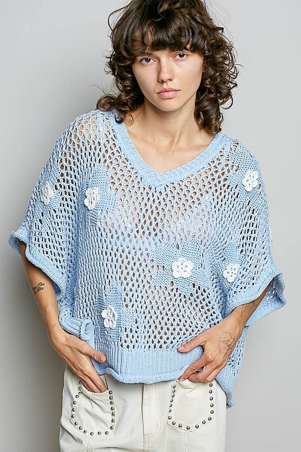 Rosie Floral Patch Rolling Edge Crochet Sweater - Westly