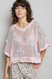Rosie Floral Patch Rolling Edge Crochet Sweater - Westly