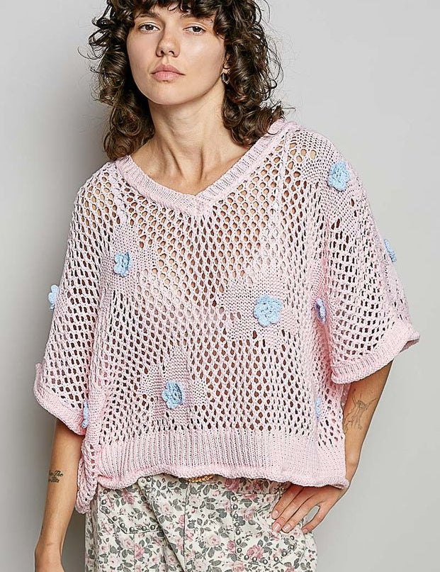 Rosie Floral Patch Rolling Edge Crochet Sweater - Westly