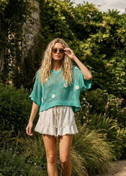 Rosie Floral Patch Rolling Edge Crochet Sweater - Westly