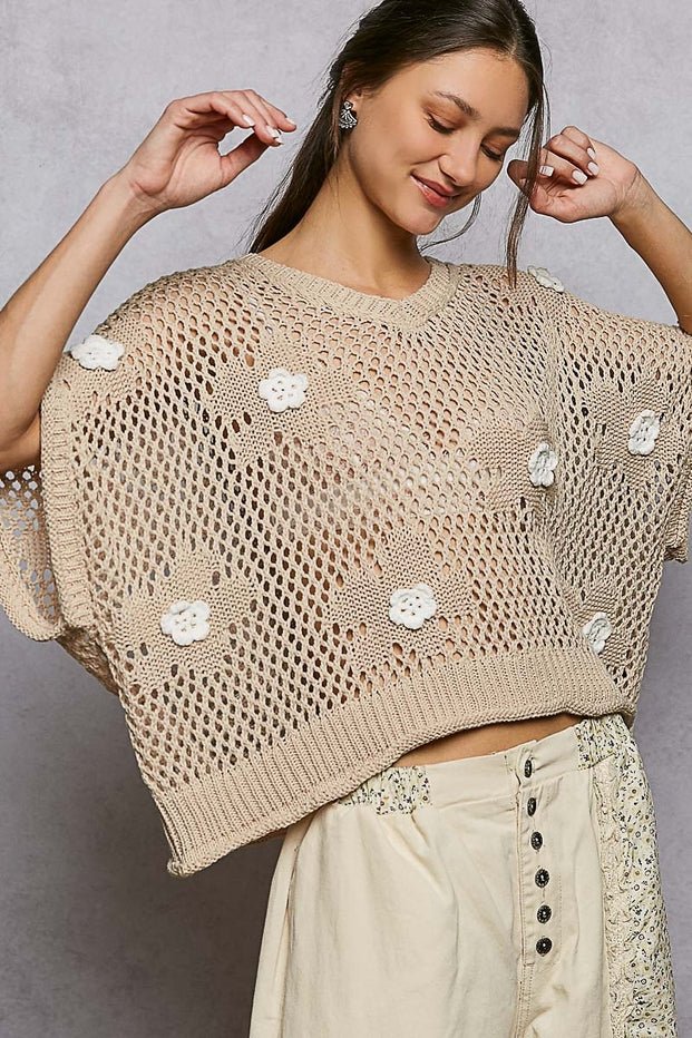Rosie Floral Patch Rolling Edge Crochet Sweater - Westly