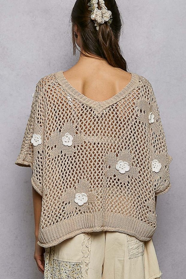 Rosie Floral Patch Rolling Edge Crochet Sweater - Westly