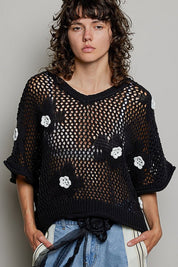 Rosie Floral Patch Rolling Edge Crochet Sweater - Westly