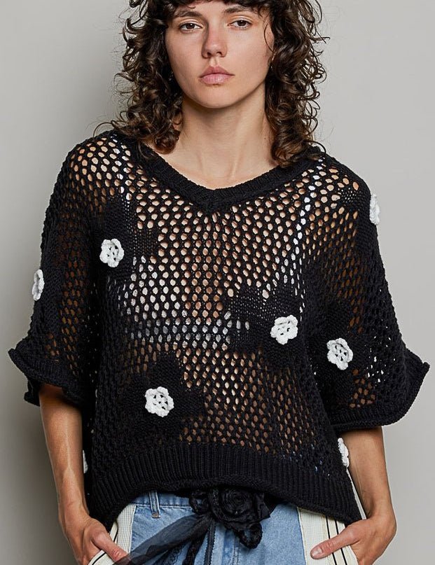 Rosie Floral Patch Rolling Edge Crochet Sweater - Westly