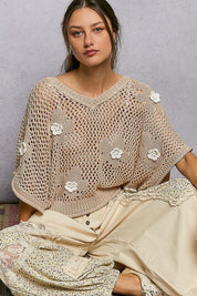 Rosie Floral Patch Rolling Edge Crochet Sweater - Westly