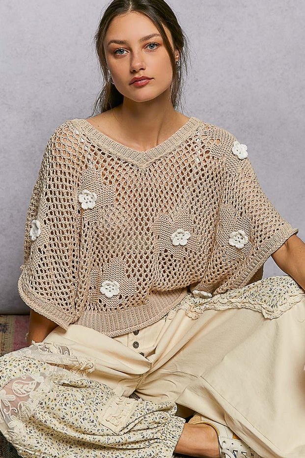 Rosie Floral Patch Rolling Edge Crochet Sweater - Westly
