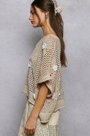 Rosie Floral Patch Rolling Edge Crochet Sweater - Westly