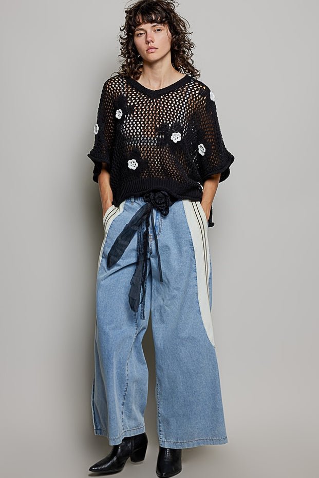 Rosie Floral Patch Rolling Edge Crochet Sweater - Westly