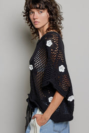 Rosie Floral Patch Rolling Edge Crochet Sweater - Westly