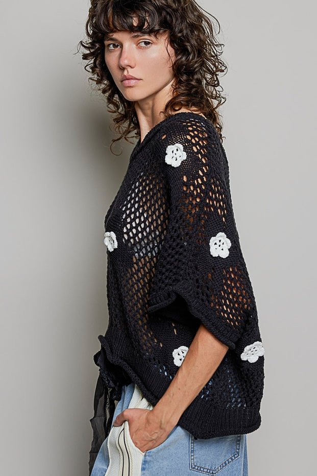 Rosie Floral Patch Rolling Edge Crochet Sweater - Westly