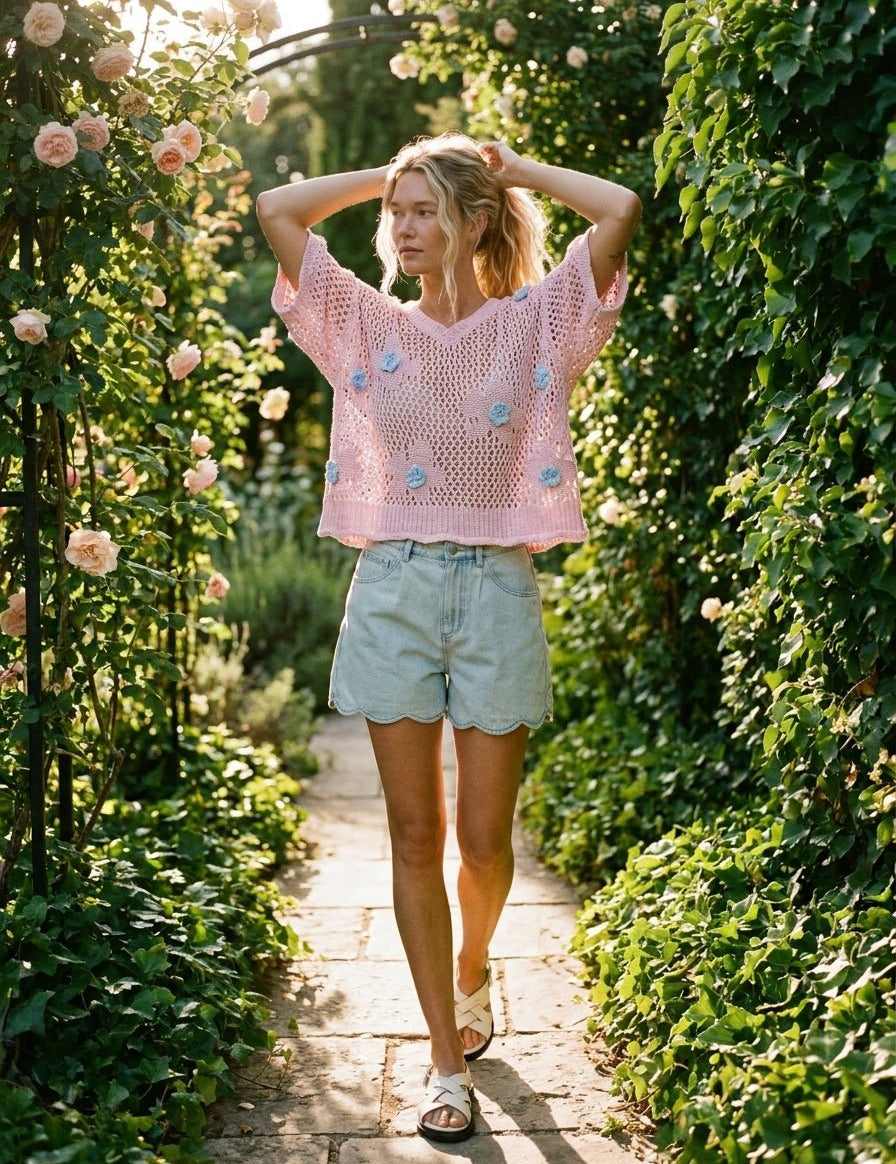 Rosie Floral Patch Rolling Edge Crochet Sweater - Westly