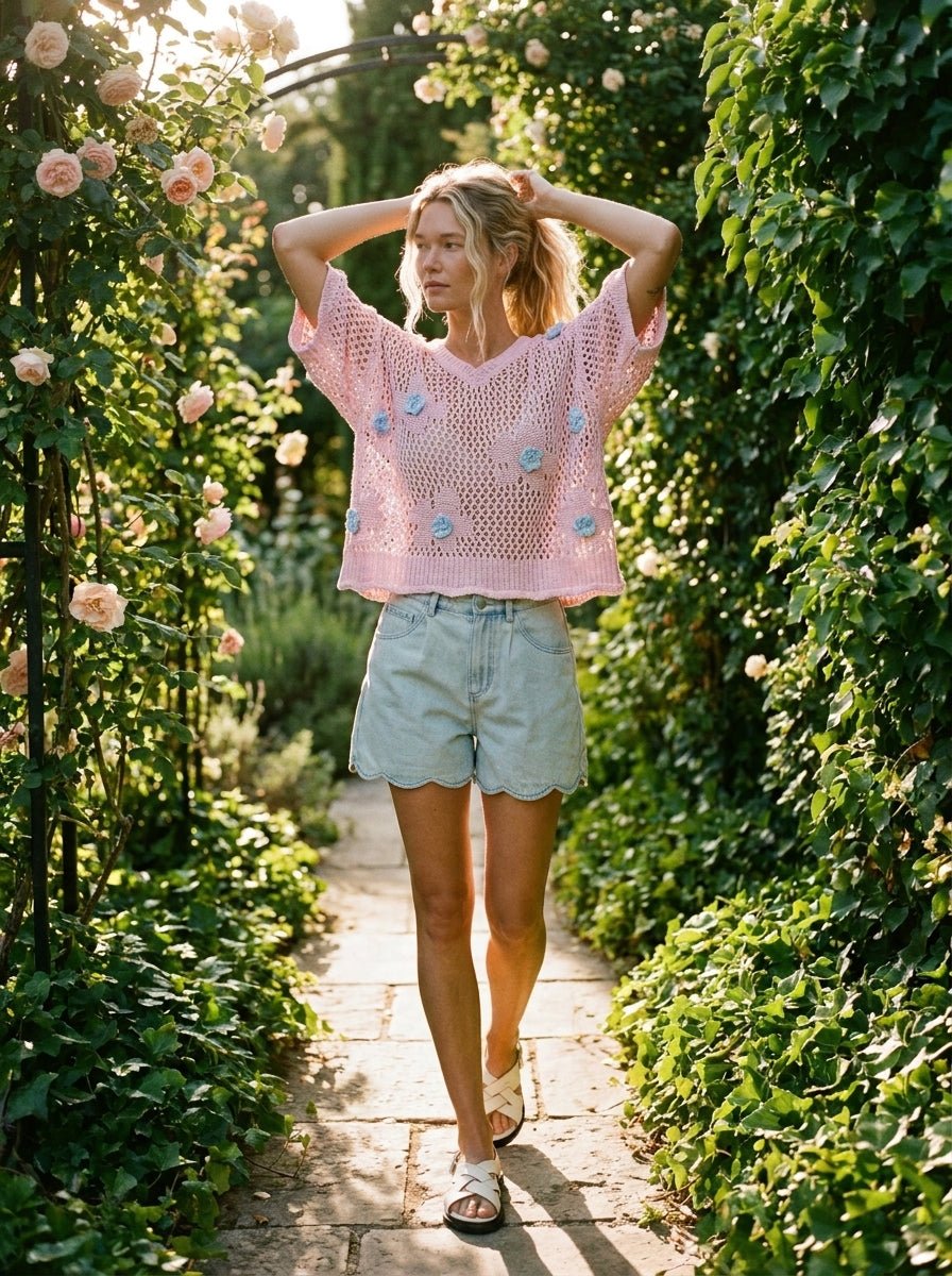 Rosie Floral Patch Rolling Edge Crochet Sweater - Westly
