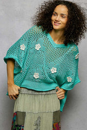 Rosie Floral Patch Rolling Edge Crochet Sweater - Westly