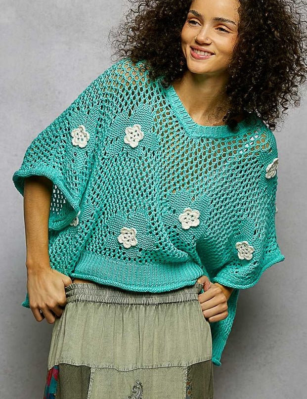 Rosie Floral Patch Rolling Edge Crochet Sweater - Westly