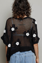 Rosie Floral Patch Rolling Edge Crochet Sweater - Westly