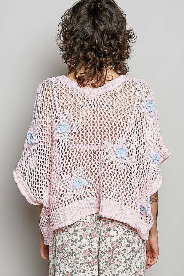 Rosie Floral Patch Rolling Edge Crochet Sweater - Westly