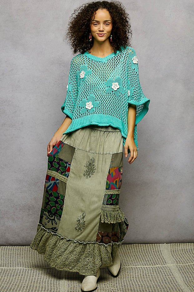 Rosie Floral Patch Rolling Edge Crochet Sweater - Westly