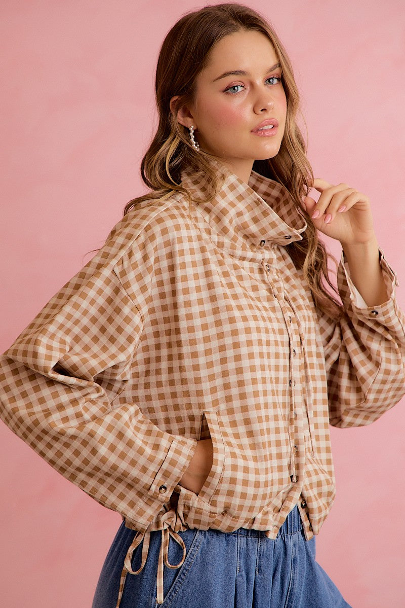 Runaround Printed Button Front Jacket - Mocha Gingham