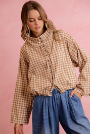 Runaround Printed Button Front Jacket - Mocha Gingham
