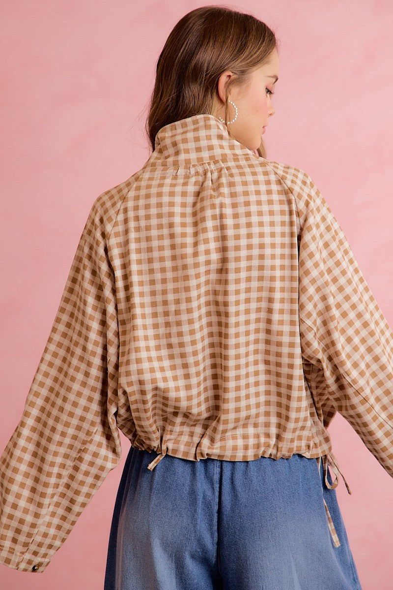 Runaround Printed Button Front Jacket - Mocha Gingham