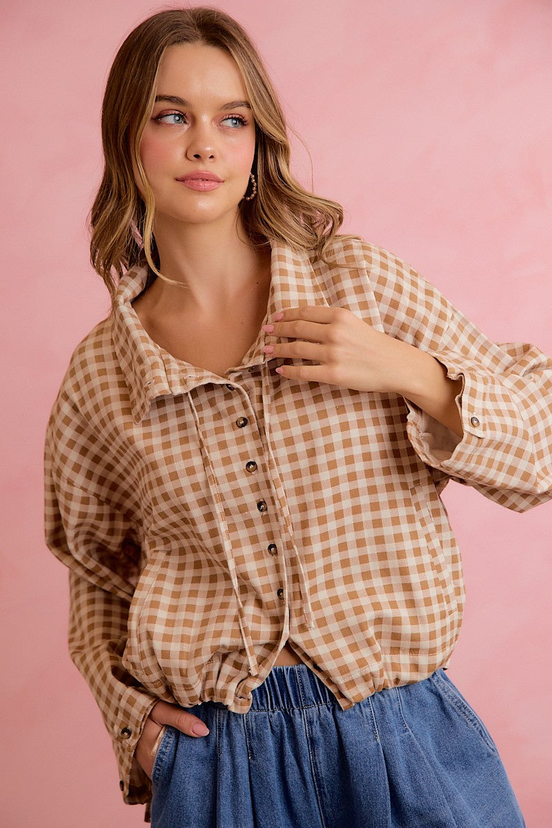 Runaround Printed Button Front Jacket - Mocha Gingham