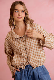 Runaround Printed Button Front Jacket - Mocha Gingham