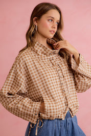 Runaround Printed Button Front Jacket - Mocha Gingham