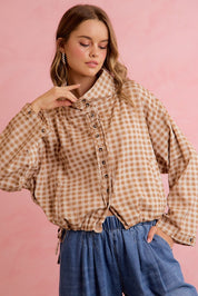 Runaround Printed Button Front Jacket - Mocha Gingham