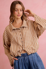 Runaround Printed Button Front Jacket - Mocha Gingham