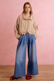 Runaround Printed Button Front Jacket - Mocha Gingham