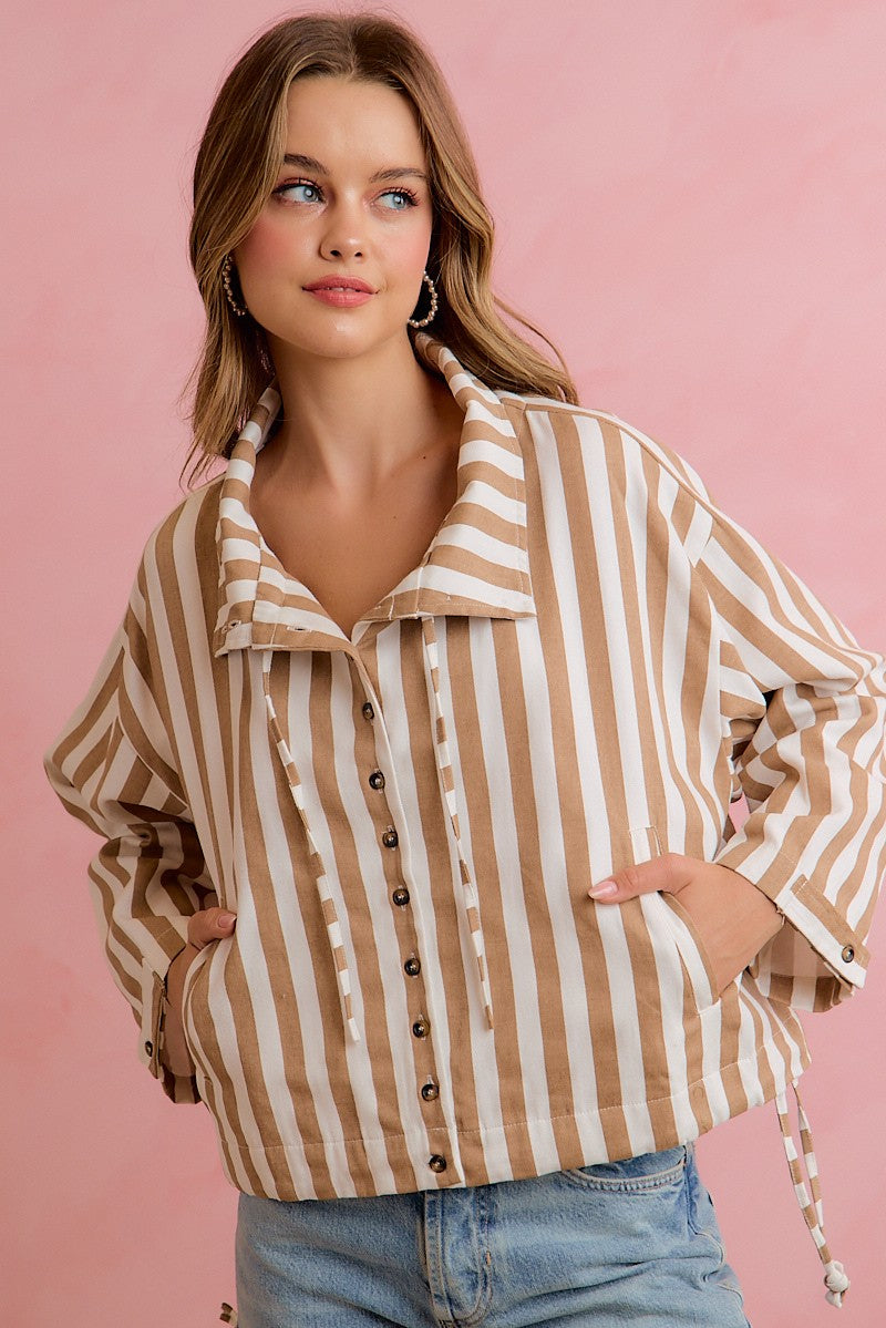 Runaround Printed Button Front Jacket - Mocha Stripes