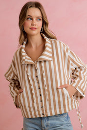 Runaround Printed Button Front Jacket - Mocha Stripes