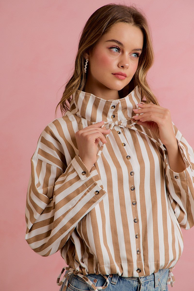Runaround Printed Button Front Jacket - Mocha Stripes