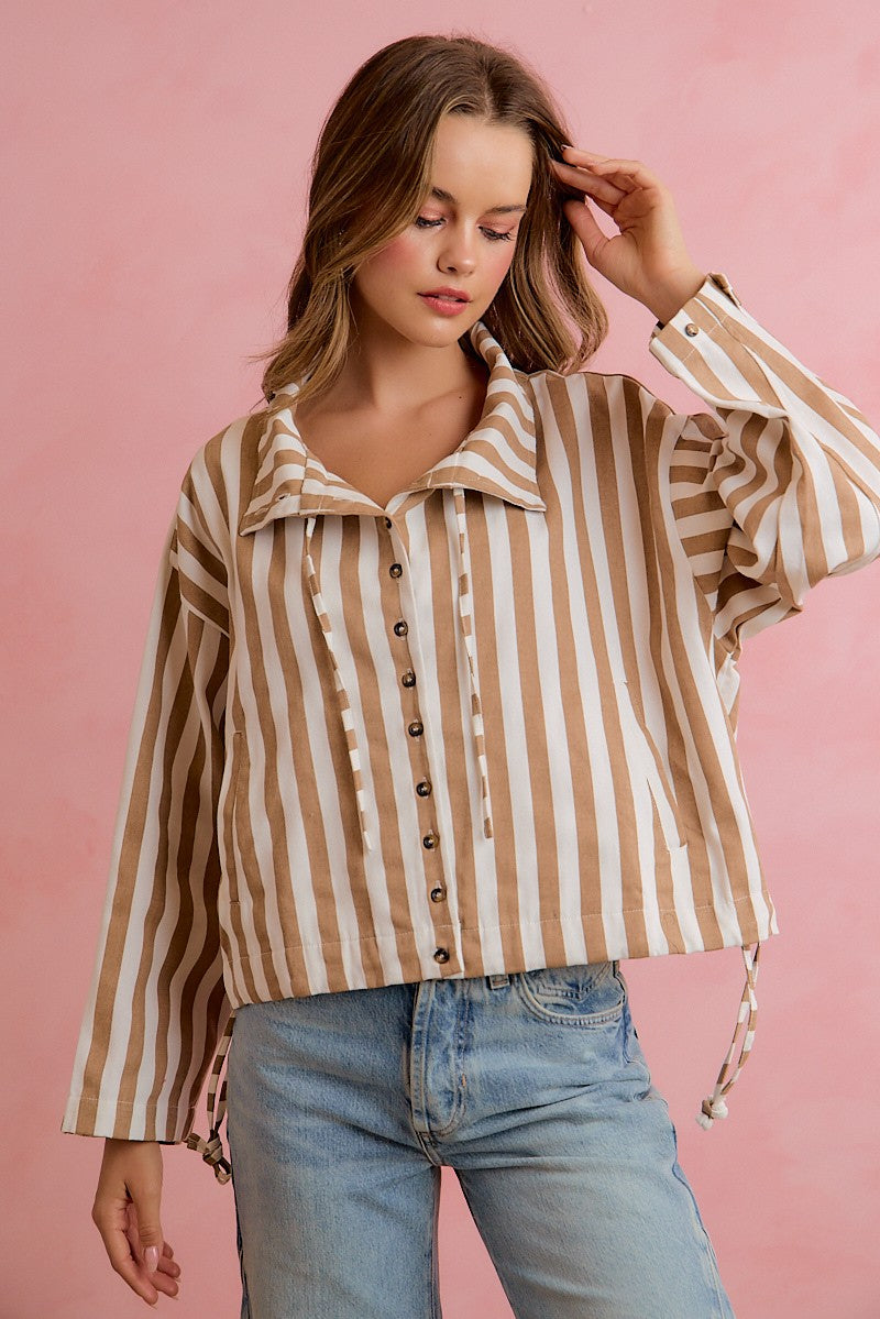 Runaround Printed Button Front Jacket - Mocha Stripes