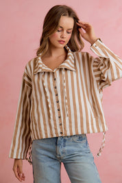Runaround Printed Button Front Jacket - Mocha Stripes