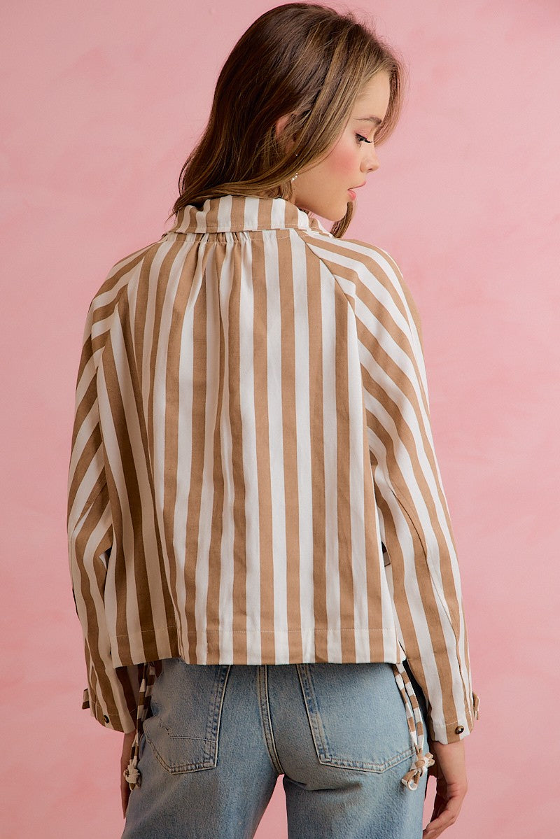Runaround Printed Button Front Jacket - Mocha Stripes
