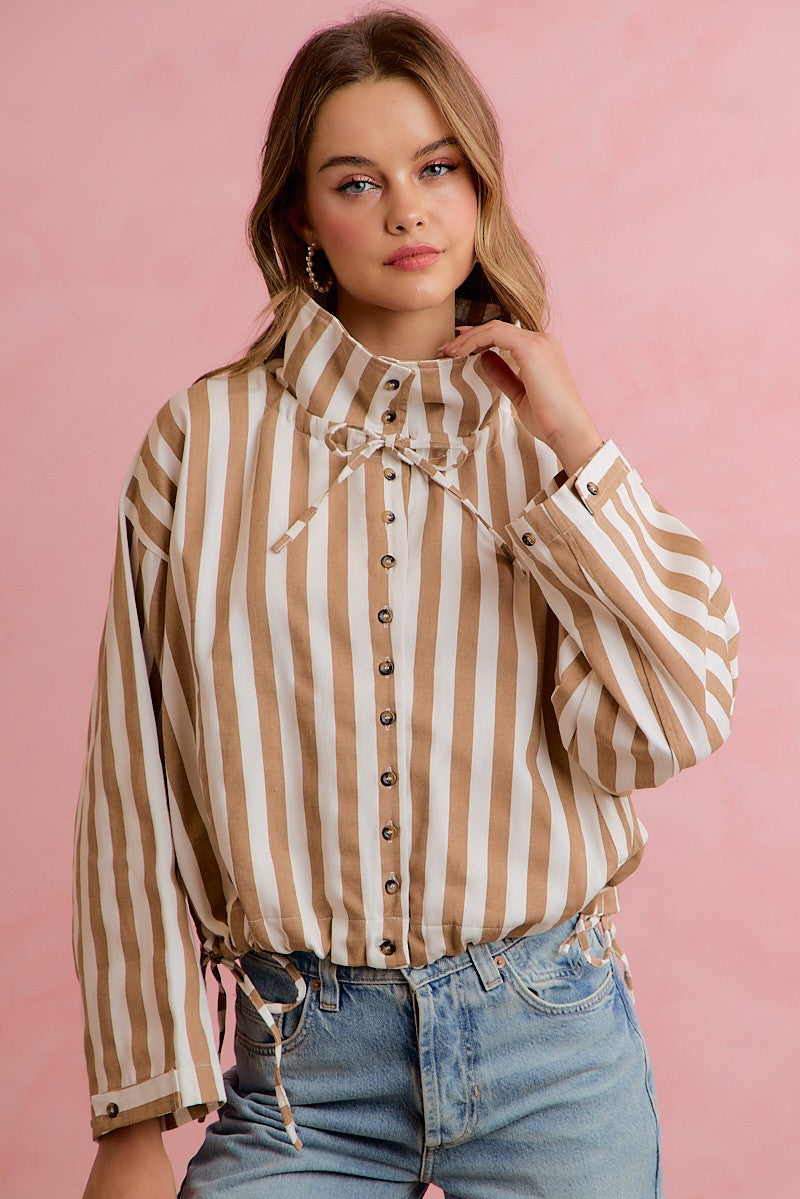 Runaround Printed Button Front Jacket - Mocha Stripes