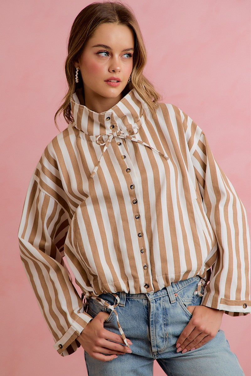 Runaround Printed Button Front Jacket - Mocha Stripes