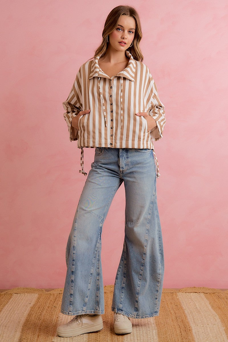 Runaround Printed Button Front Jacket - Mocha Stripes