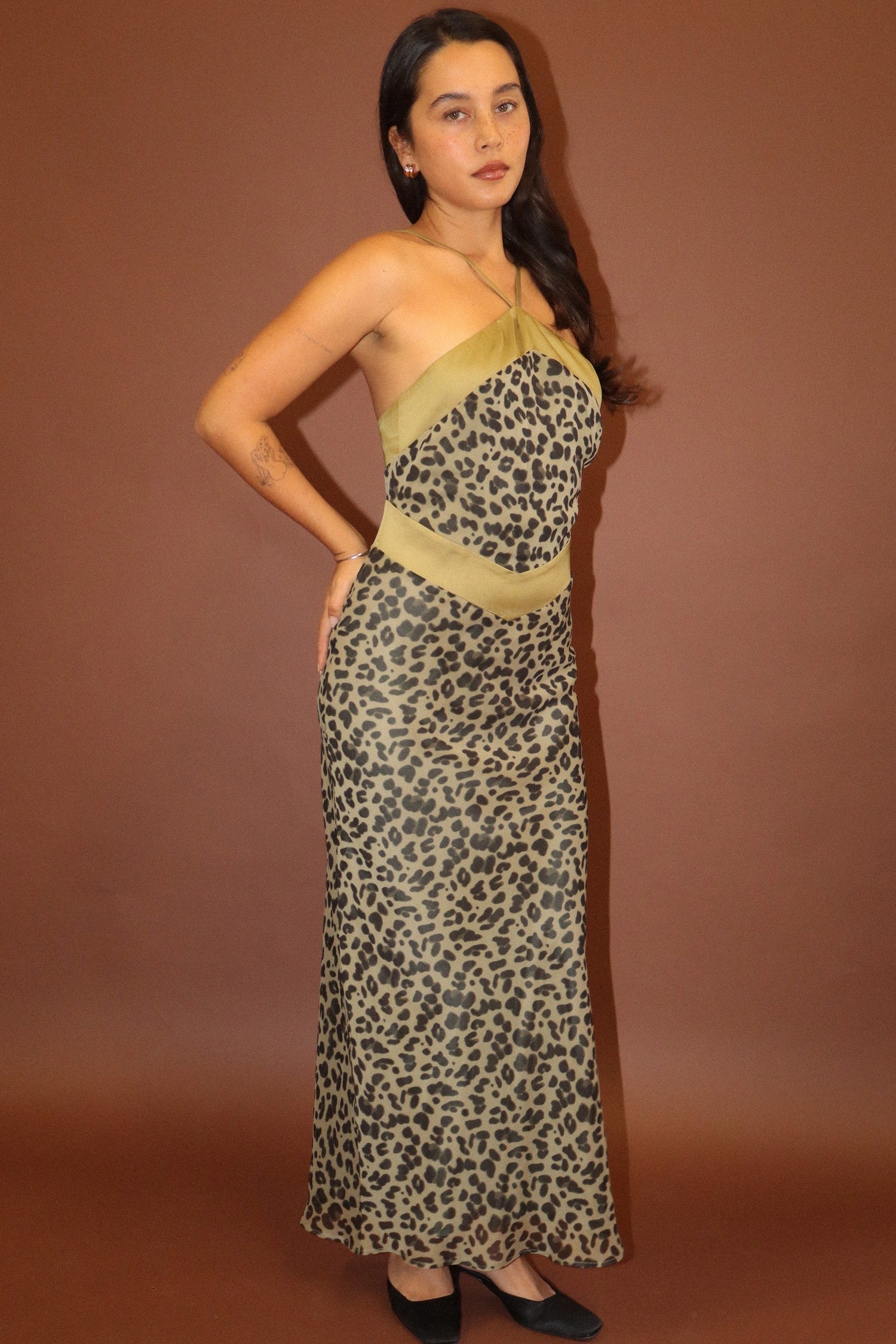 Sabine Leopard Halter Maxi Dress - Olive