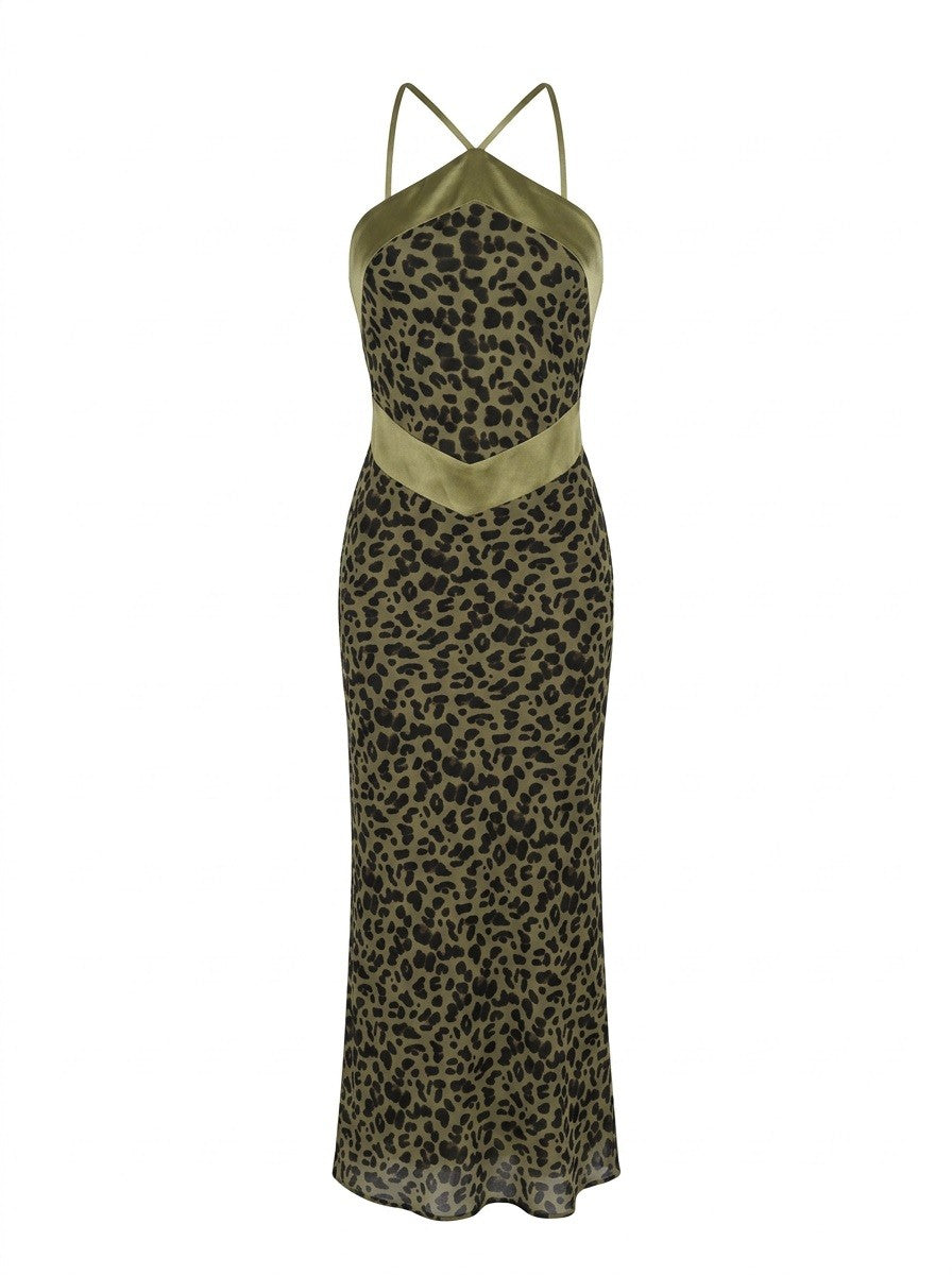 Sabine Leopard Halter Maxi Dress - Olive