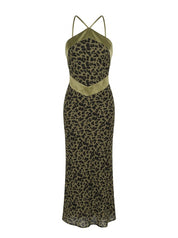 Sabine Leopard Halter Maxi Dress - Olive