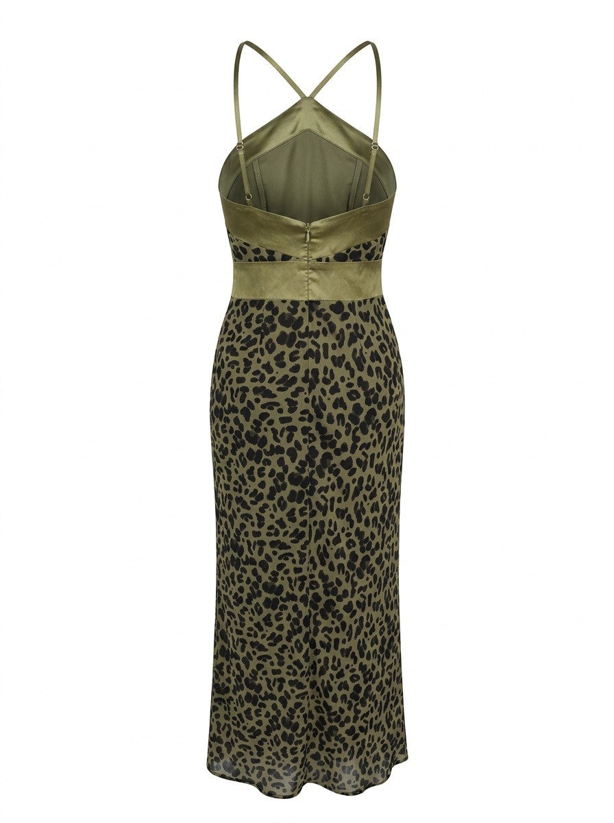 Sabine Leopard Halter Maxi Dress - Olive