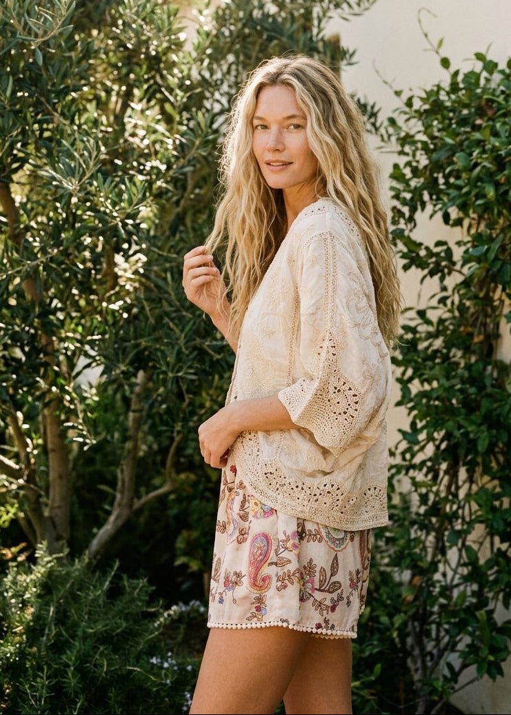 Saffron Paisley Embroidered Smocked Shorts - Westly