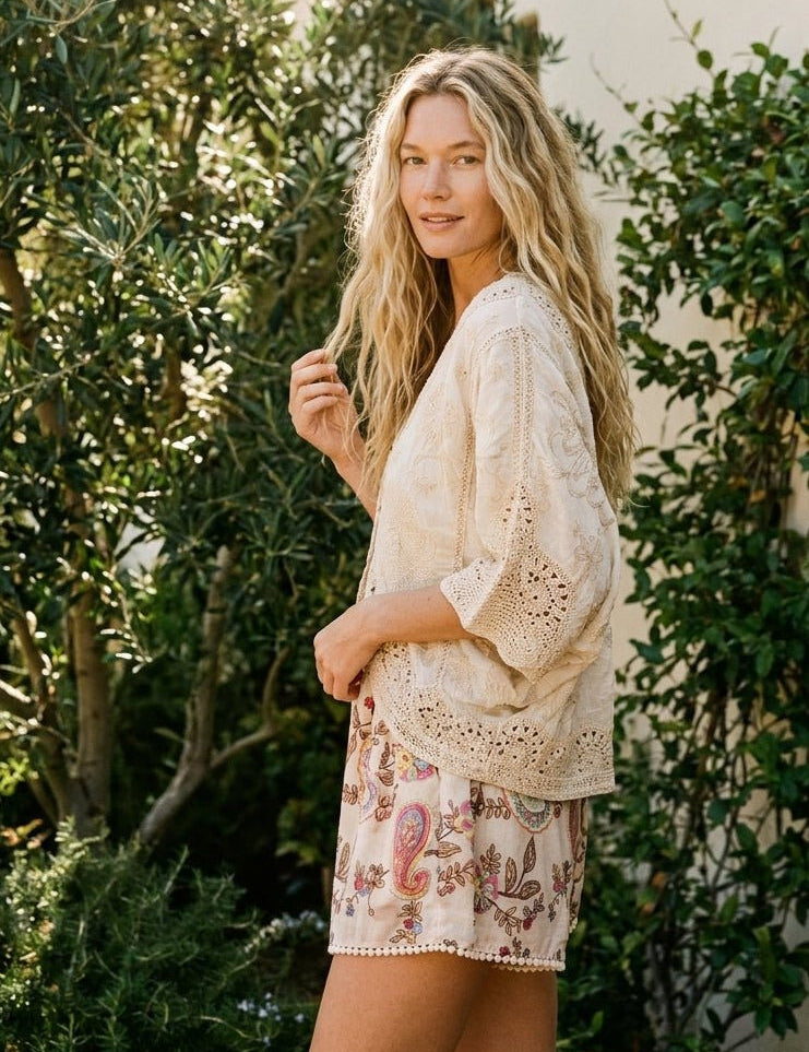 Saffron Paisley Embroidered Smocked Shorts - Westly