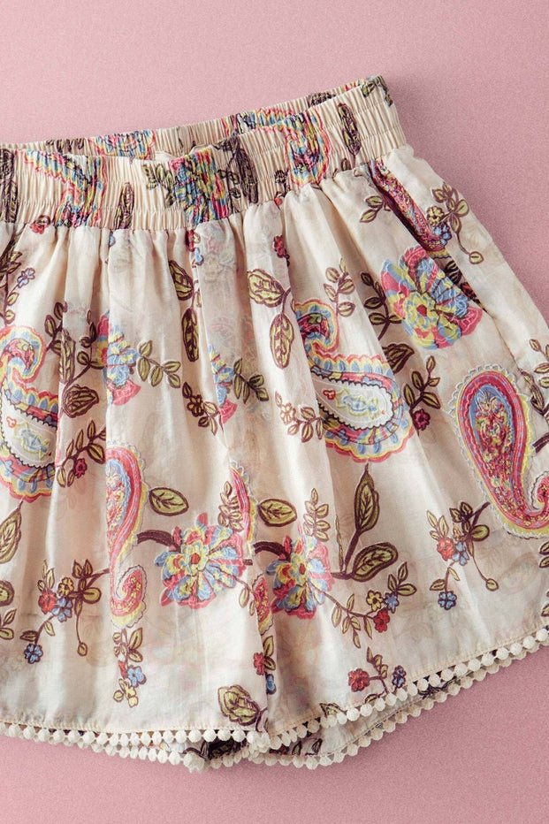 Saffron Paisley Embroidered Smocked Shorts - Westly
