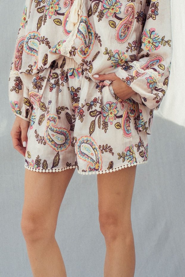 Saffron Paisley Embroidered Smocked Shorts - Westly