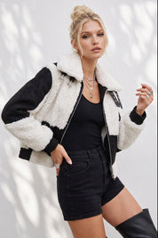 Saige Shearling Trim Moto Jacket - Black Cream
