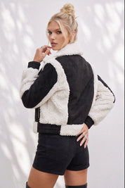 Saige Shearling Trim Moto Jacket - Black Cream